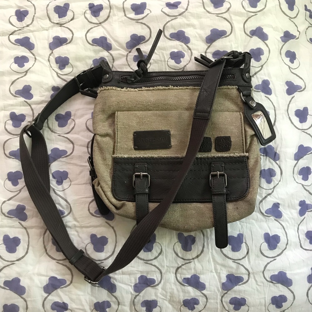 Brown and tan sherpani cross body bag
